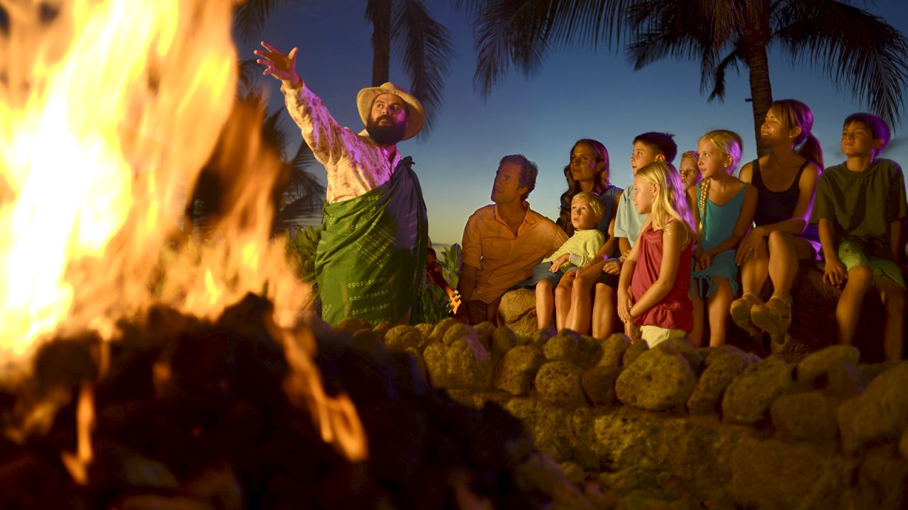 <strong>It's story time:</strong> "Uncle" visits the fire pit at Aulani to share Hawaiian folklore.