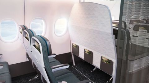 Hawaiian Airlines' redesigned A321neo features seat fabrics and dividers designed to reflect traditional bark cloth and fishing nets.