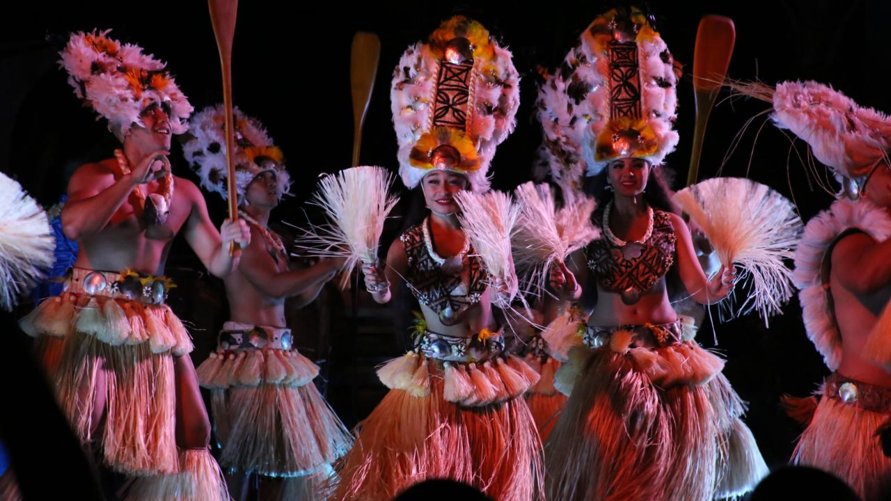 <strong>Dance with me:</strong> Dancers from Aulani's KA WA'A luau perform a 'ōte'a, a traditional dance of Tahiti.