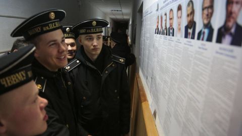 Cadets of the Nakhimov naval academy vote at in Sevastopol, Crimea, on Sunday.