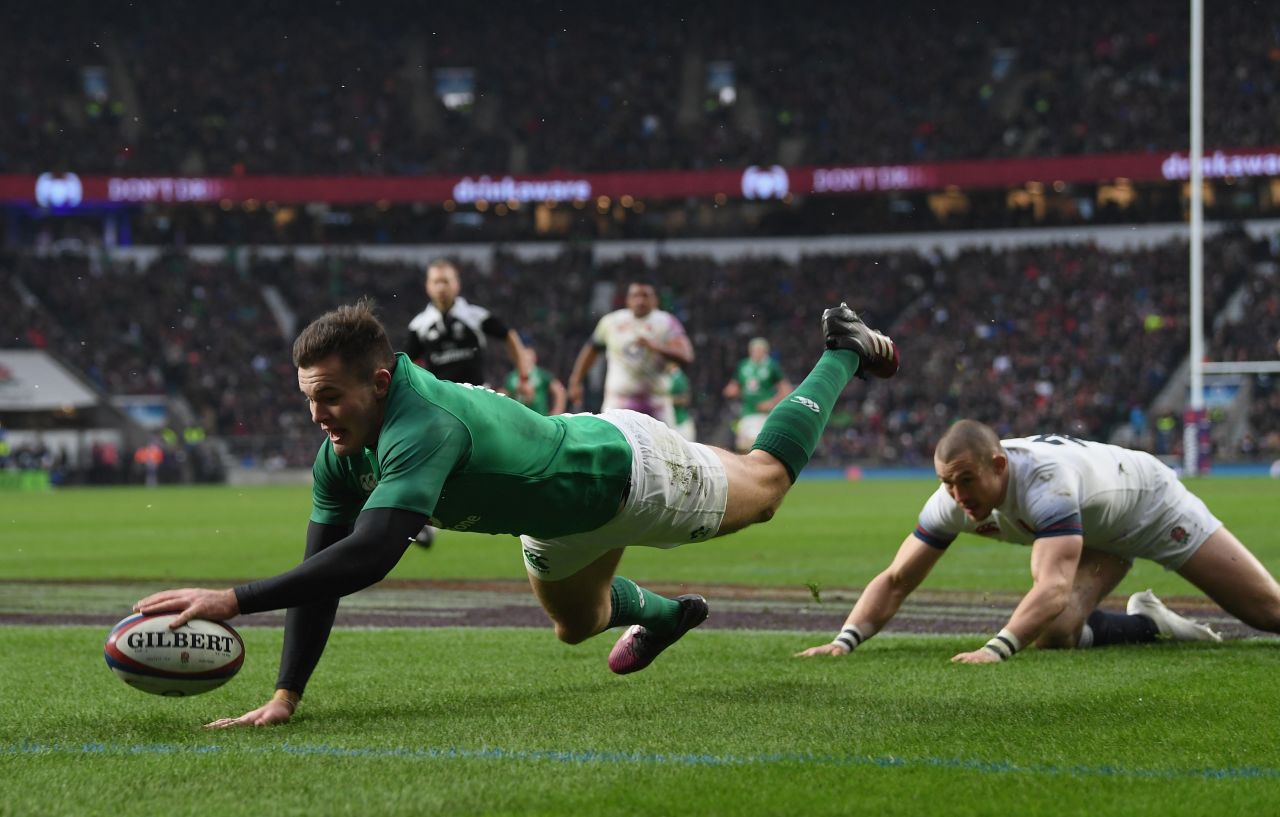 Jacob Stockdale scored against England on the stroke of halftime. His seven tries for the tournament is a Six Nations record.