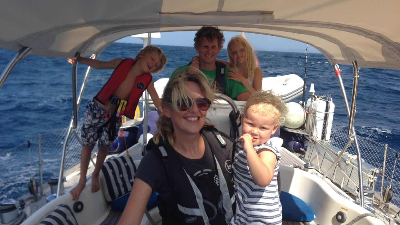 The Craven family aboard their sailing yacht  Aretha as they arrived at the Panama Canal.