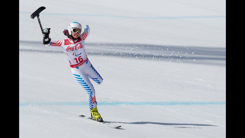 American skier Stephanie Jallen finishes a run at the Winter Paralympics on Tuesday, March 13.
