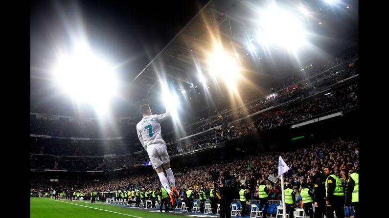 Real Madrid star Cristiano Ronaldo celebrates one of the four goals he scored against Girona during a Spanish league game in Madrid on Sunday, March 18. Madrid won 6-3.