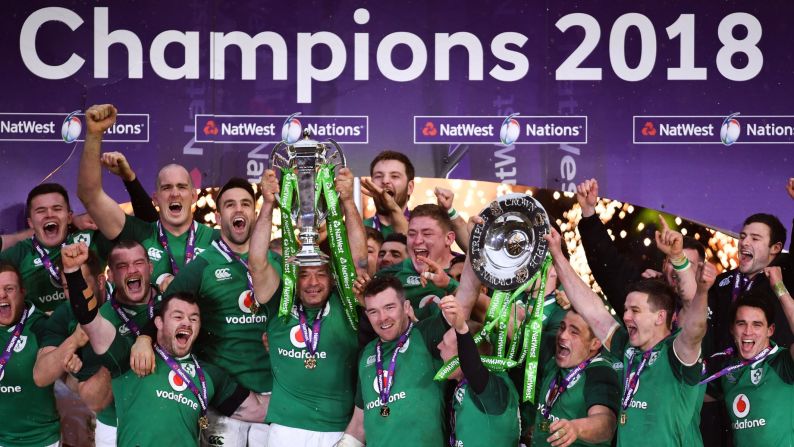 Ireland's rugby team celebrates its Six Nations title in London on Saturday, March 17. The Irish <a target="_blank">defeated England</a> for a historic Grand Slam.