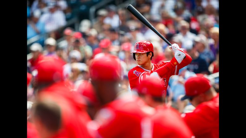 Shohei Otani, the Los Angeles Angels' heralded signing from Japan, waits for a pitch during a spring-training game in Arizona on Wednesday, March 14.
