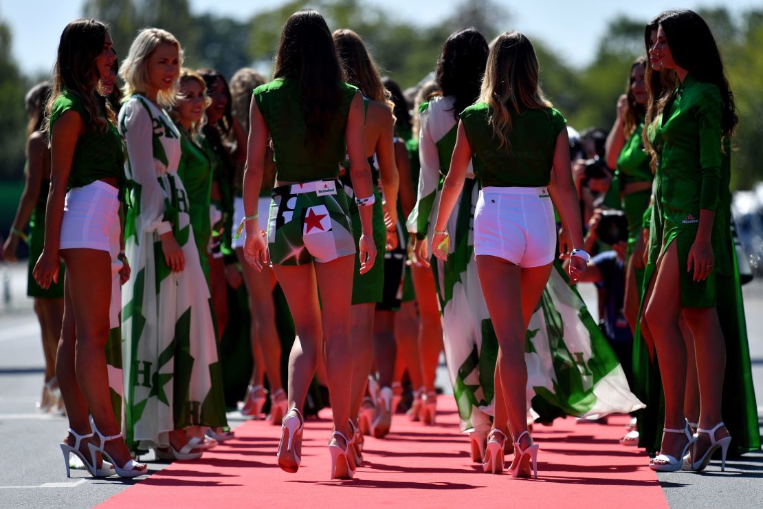Grid girls arrive for the pit lane walk ahead of the Italian Formula One Grand Prix at the Autodromo Nazionale circuit in Monza on September 3, 2017. 