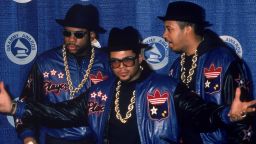 American rap group Run DMC pose at the Grammy Awards, 1980s. (L-R): Jam Master Jay (Jason Mizell), Joe 'Run' Simmons and Darryl 'DMC' McDaniels.