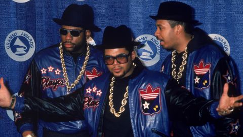 Run-DMC members Jam Master Jay (Jason Mizell), Joe "Run" Simmons and Darryl "DMC" McDaniels pose at the Grammy Awards in the 1980s. 