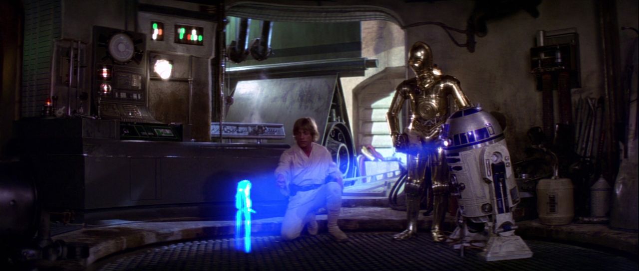 The holographic projection of Princess Leia asking Obi-Wan Kenobi for help in the original "Star Wars" film (1977) kickstarts the movie's narrative, leading Luke Skywalker on a journey through galaxies far, far away ... 