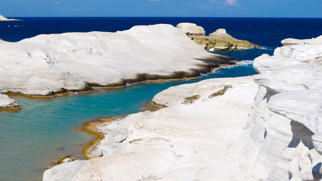 <strong>Sarakiniko: </strong>The volcanic island of Milos is known for its natural geothermal heat and multi-colored beaches -- none more impressive than Sarakiniko, an all-white limestone spot.