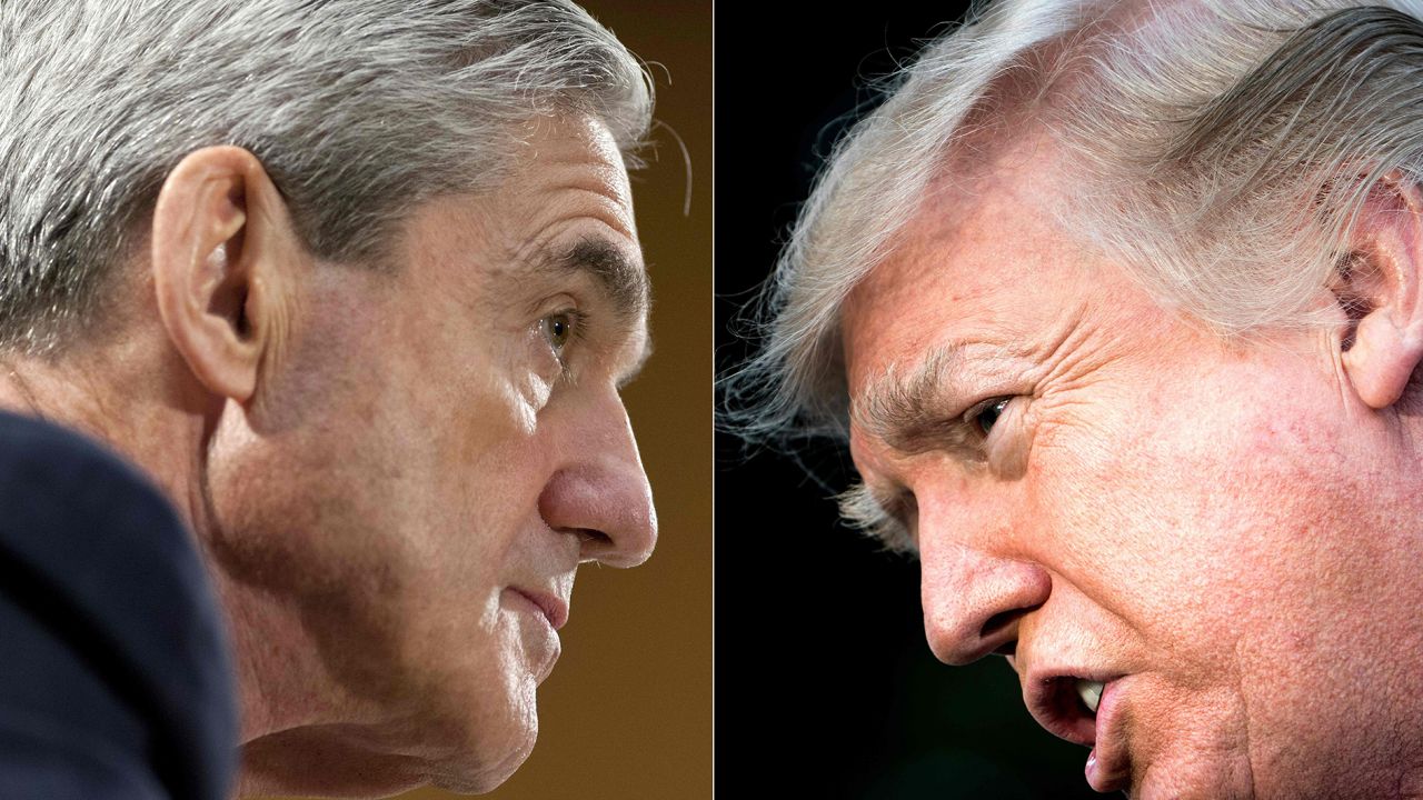 Special Counsel Robert Mueller is shown on the left and President Trump on the right.