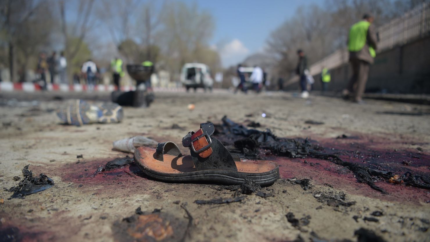 A sandal lies on the ground at the site of a suicide bomb attack in Kabul, Afghanistan, on March 21, 2018.