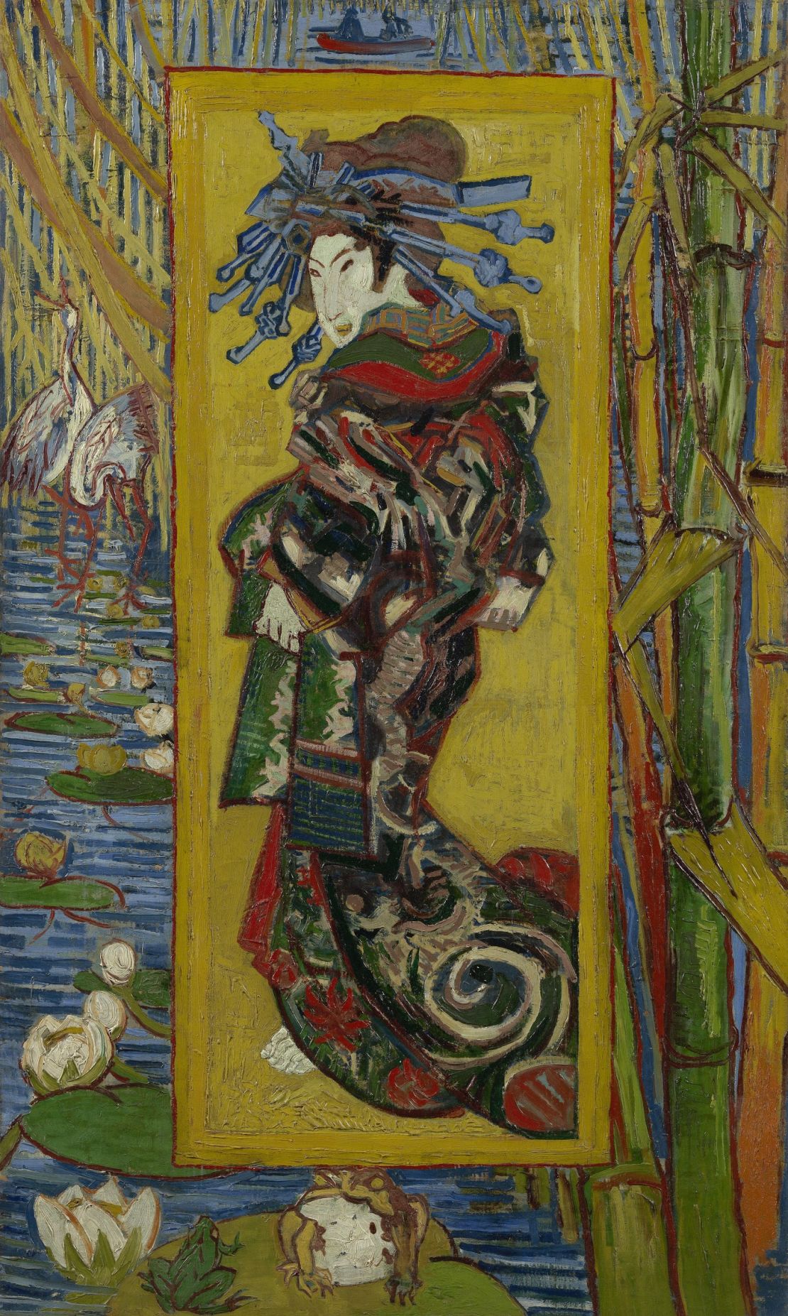 The bold colors and outlines found in Van Gogh's "Courtesan (after Eisen)" shows the influence of Japanese woodblock prints.