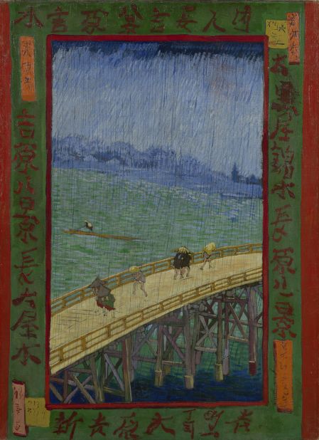Van Gogh's "Bridge in the Rain (after Hiroshige)" (1887) was based on a print by Japanese artist Utagawa Hiroshige. Japanese characters can be seen around the painting's border.