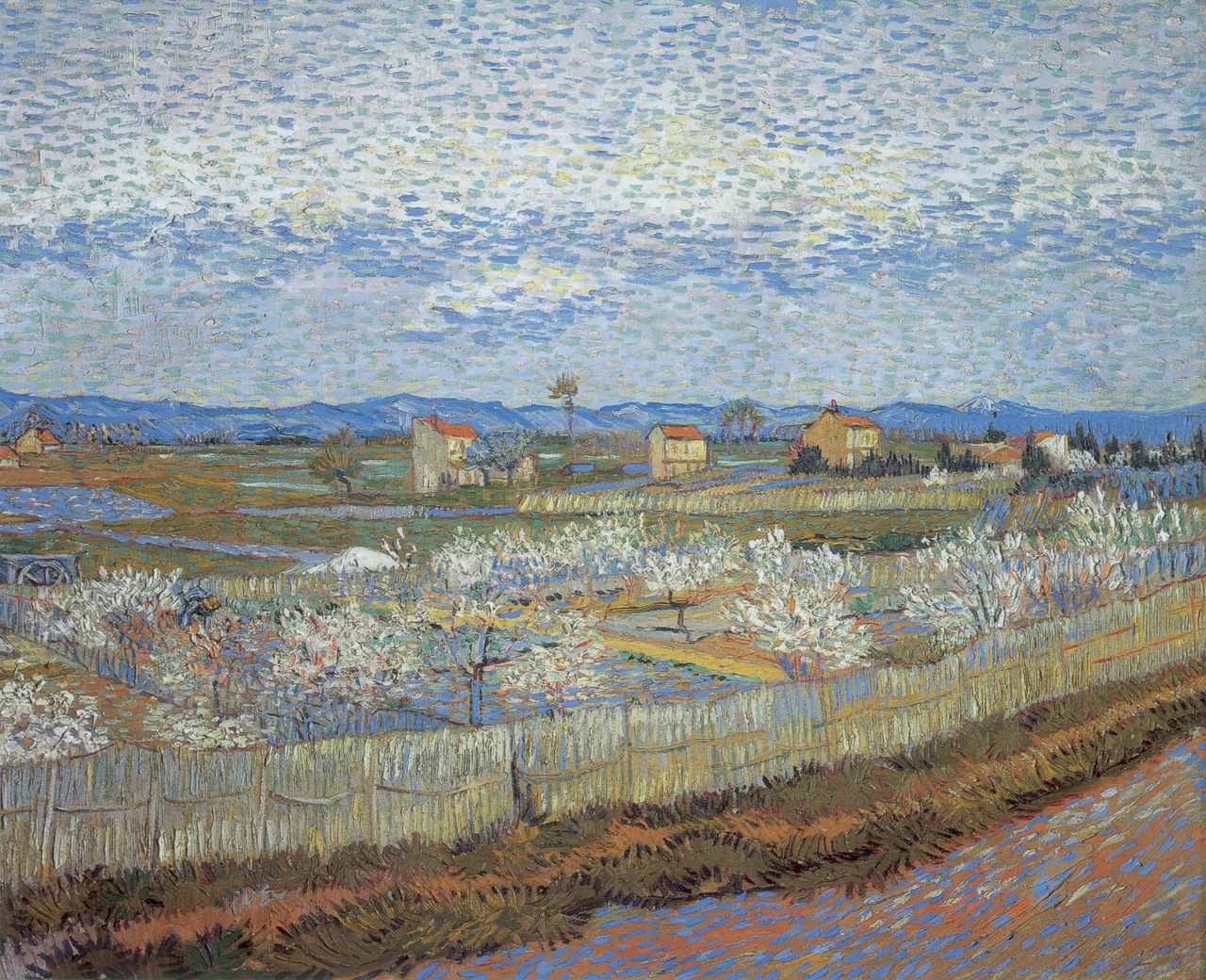 "La Crau with Peach Trees in Blossom" (1889) features motifs commonly found in Japanese art at the time, such as snow-capped mountains.