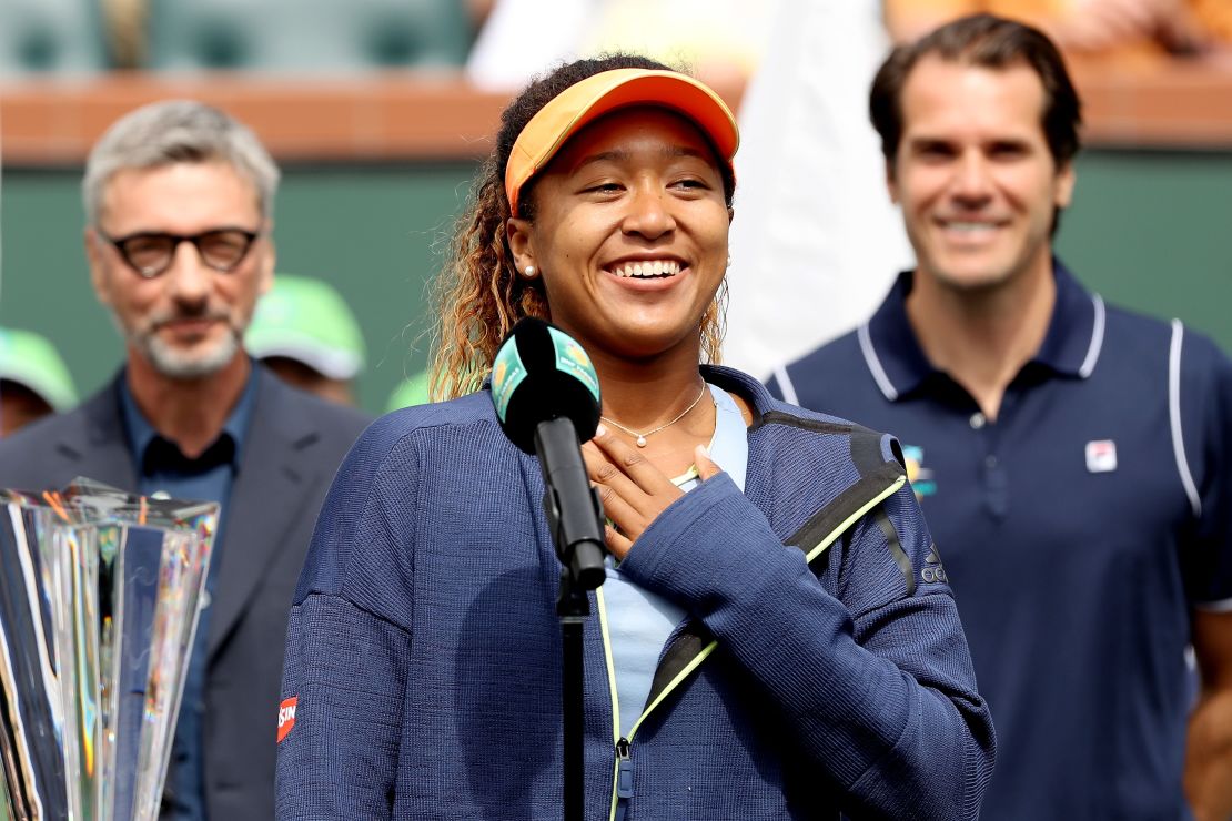 Naomi Osaka celebrates her first major title, at the BNP Paribas Open in Indian Wells on Sunday