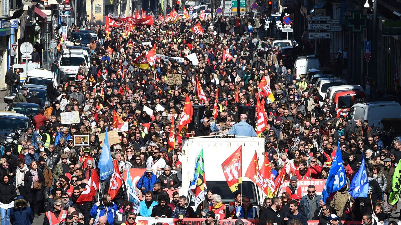 People hold CGT union flags as they take part in a demonstration to protest against French government's string of reforms, on March 22, 2018 in Marseille, southern France.
Seven trade unions have called on public sector workers to strike on March 22, including school and hospital staff, civil servants and air traffic controllers. More than 140 protests are planned across France, the biggest culminating at the Bastille monument in Paris where unions expect 25,000 demonstrators.
 / AFP PHOTO / Boris HORVAT        (Photo credit should read BORIS HORVAT/AFP/Getty Images)