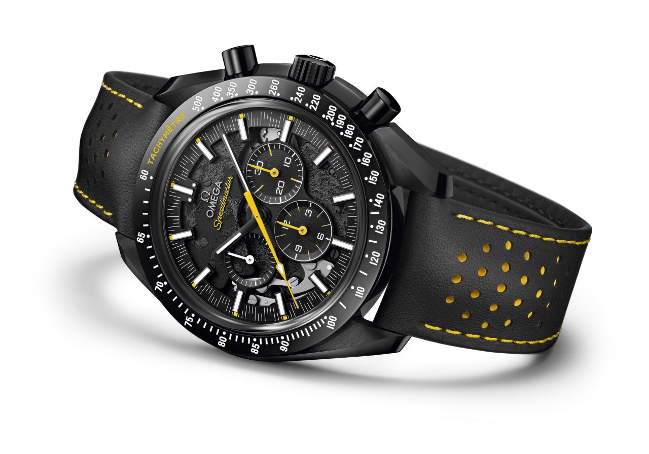 Commemorating the United States' second manned spaceflight mission, Omega's ceramic, skeletonized Speedmaster Dark Side of the Moon Apollo 8 is engraved with the words "We'll see you on the other side."<br />