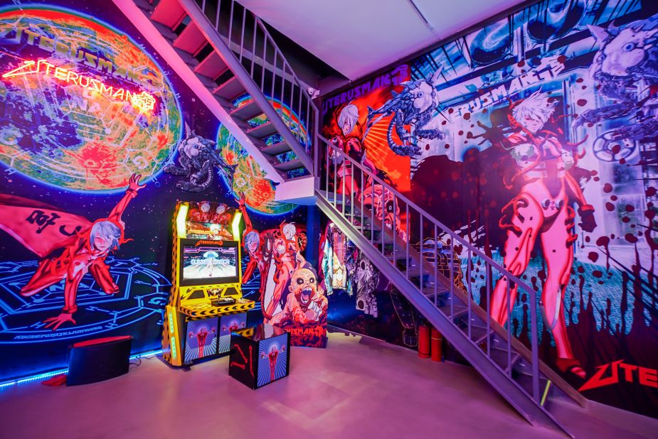 The arcade-style rendition of Lu's 2013 video "Uterus Man," which she presented at M Woods in Beijing. A video game console shows the adventures of an imaginary superhero riding a "pelvic chariot."