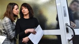 Russia's independent Dozhd channel producer Daria Zhuk and BBC journalist Farida Rustamova, who made the allegations against Leonid Slutsky, the head of the Duma's foreign affairs committee, over sexual harassment, arrive to attend the State Duma's Ethics Commission meeting in Moscow on March 21, 2018. / AFP PHOTO / Vasily MAXIMOV        (Photo credit should read VASILY MAXIMOV/AFP/Getty Images)
