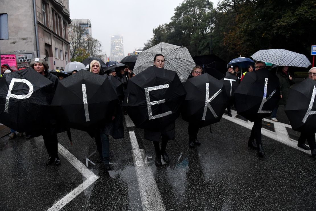 Women march holding umbrellas, a symbol of their protest against proposed abortion restrictions, in Warsaw in October 2017. 