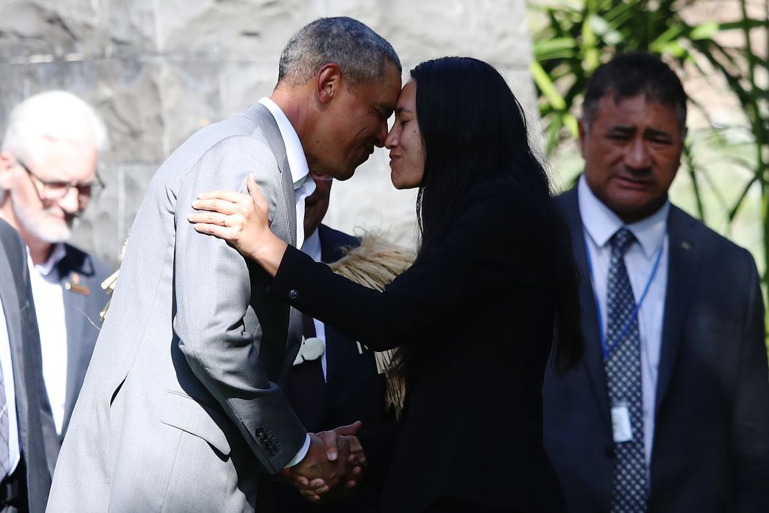 Barack Obama receives a Maori hongi during an event on Friday in Auckland, New Zealand.