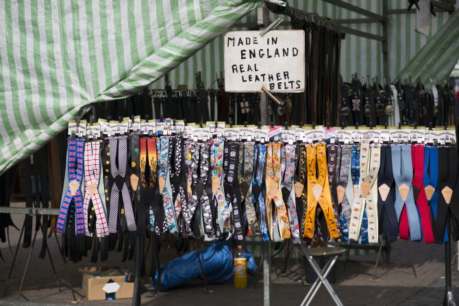 Belts and suspenders are seen on display at the market. Romford is the largest town in the East London borough of Havering, which had one of the highest proportion of Leave voters in the UK capital.