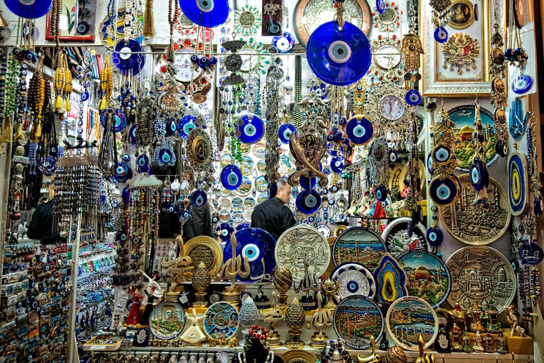 Charms used to ward off the evil eye hang in a shop at the Grand Bazaar in Istanbul.