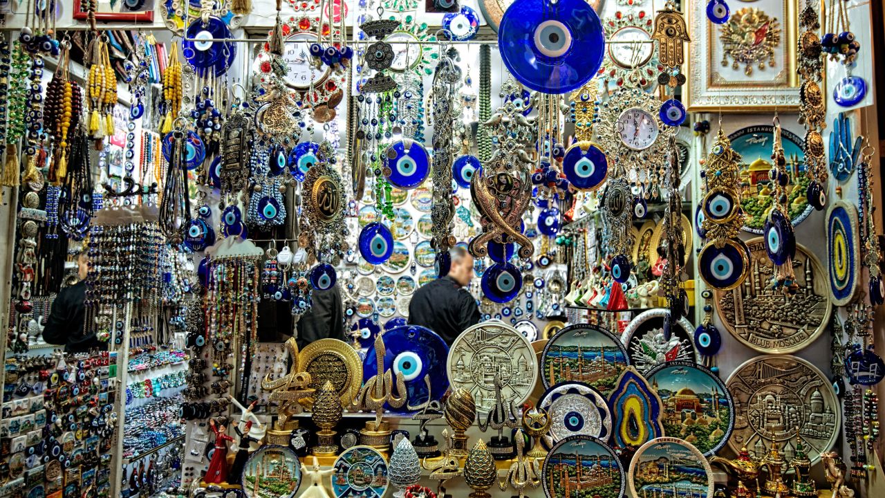 Charms used to ward off the evil eye hang in a shop at the Grand Bazaar in Istanbul.