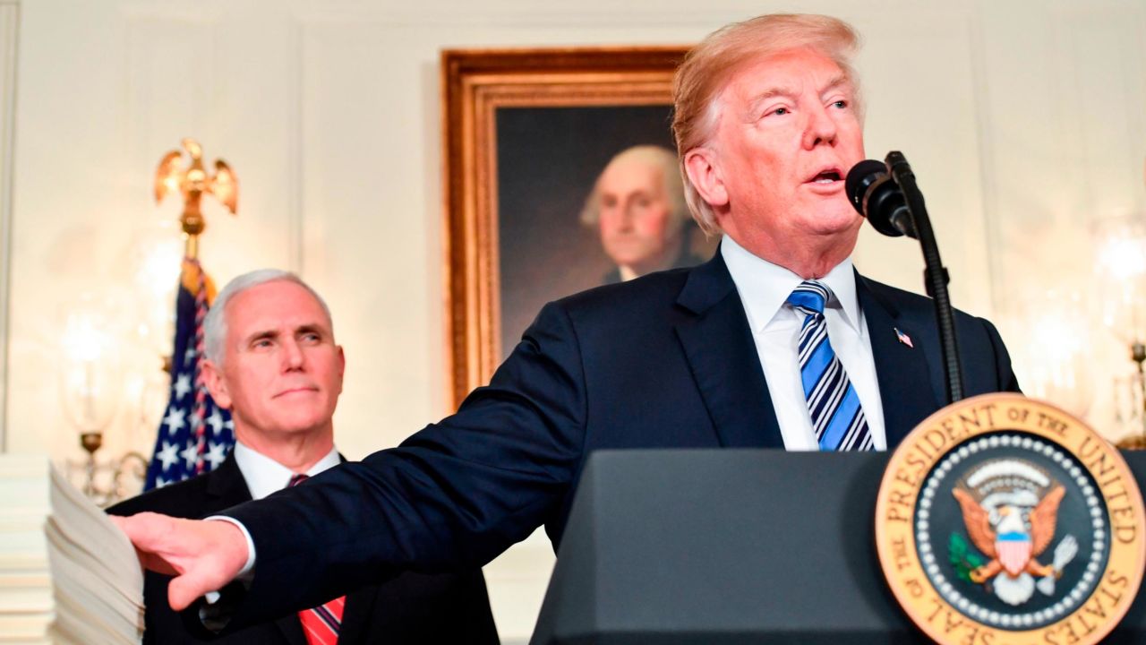 US President Donald Trump speaks about the spending bill during a press conference in the Diplomatic Reception Room at the White House on March 23, 2018.  / AFP PHOTO / Nicholas Kamm        (Photo credit should read NICHOLAS KAMM/AFP/Getty Images)