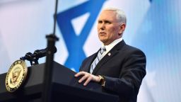 US Vice President Mike Pence addresses the American Israel Public Affairs Committee (AIPAC) policy conference in Washington, DC, on March 5, 2018. / AFP PHOTO / Nicholas Kamm        (Photo credit should read NICHOLAS KAMM/AFP/Getty Images)