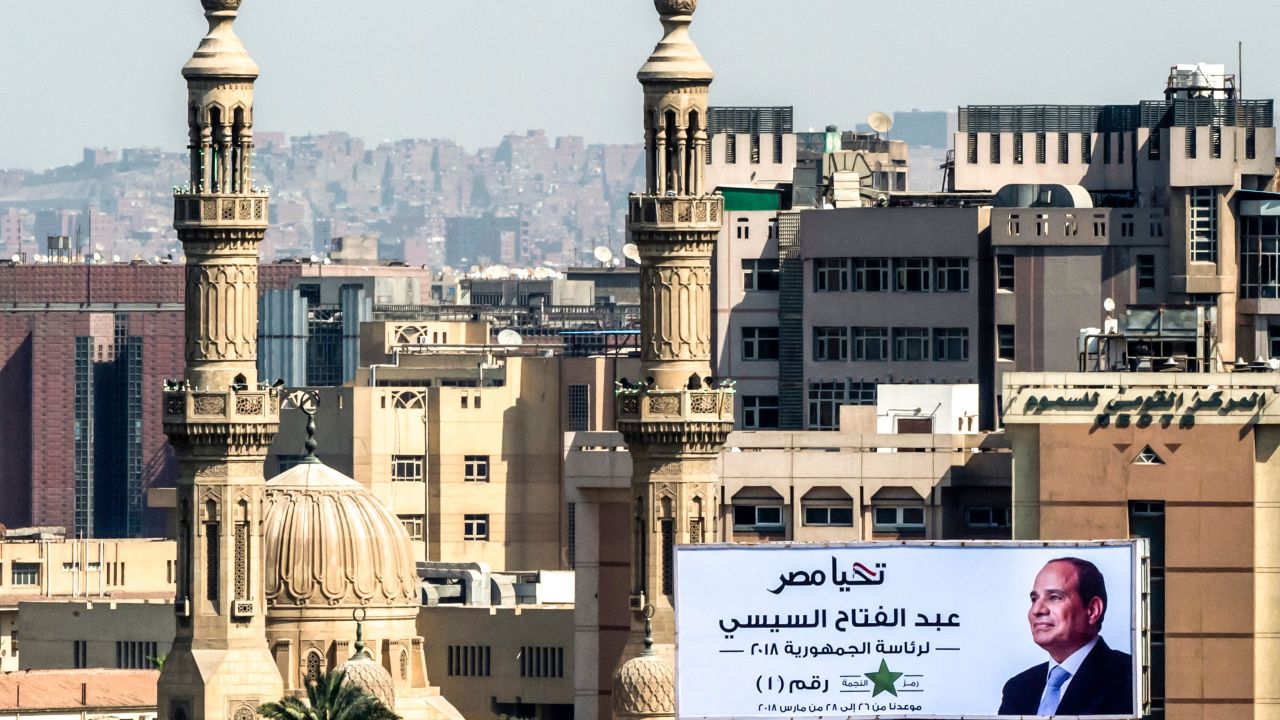 A billboard for President Abdel Fattah el-Sisi next to a bridge over the river Nile in Cairo.