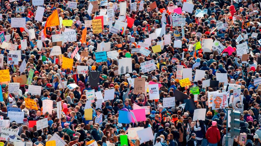 TOPSHOT - The crowd at the March for Our Lives Rally as seen from the roof of the Newseum in Washington, DC on March 24, 2018. 
Galvanized by a massacre at a Florida high school, hundreds of thousands of Americans are expected to take to the streets in cities across the United States on Saturday in the biggest protest for gun control in a generation. / AFP PHOTO / Alex Edelman        (Photo credit should read ALEX EDELMAN/AFP/Getty Images)