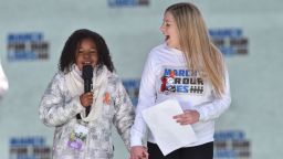Martin Luther King Jr's granddaughter Yolanda Renee King(L) speaks next to student Jaclyn Corin during the March for Our Lives Rally in Washington, DC on March 24, 2018. 
Galvanized by a massacre at a Florida high school, hundreds of thousands of Americans are expected to take to the streets in cities across the United States on Saturday in the biggest protest for gun control in a generation. / AFP PHOTO / Nicholas Kamm        (Photo credit should read NICHOLAS KAMM/AFP/Getty Images)