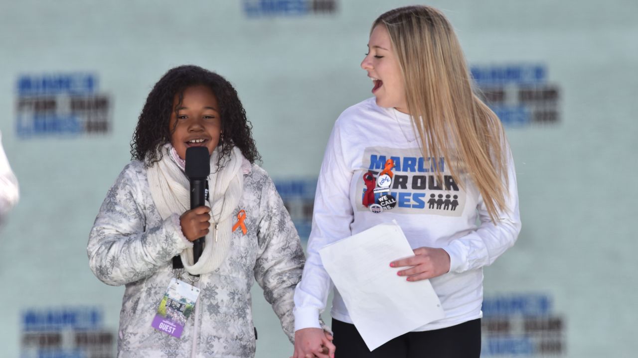 Martin Luther King Jr's granddaughter Yolanda Renee King(L) speaks next to student Jaclyn Corin during the March for Our Lives Rally on March 24.