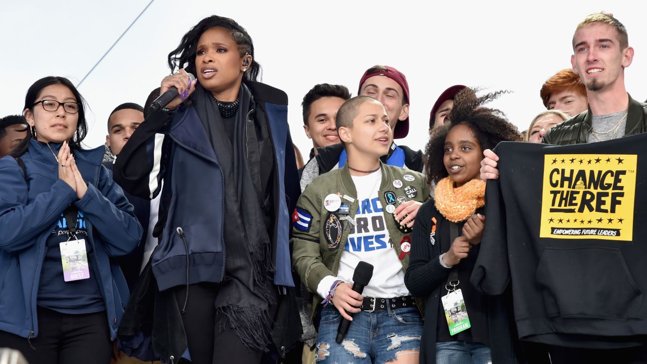Edna Chavez (left), Jennifer Hudson, Emma Gonzalez, Noami Wadler and Sam Zeif appear onstage at the March For Our Lives rally in Washington.
