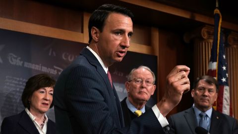 WASHINGTON, DC - MARCH 21: U.S. Rep. Ryan Costello (R-PA) (2nd L) speaks as (L-R) Sen. Susan Collins (R-ME), Sen. Lamar Alexander (R-TN) and Sen. Mike Rounds (R-SD) listen during a news conference at the Capitol March 21, 2018 in Washington, DC. Senate Republicans held a news conference to discuss their legislative "proposal to lower health insurance premiums in the individual health insurance market." (Photo by Alex Wong/Getty Images)