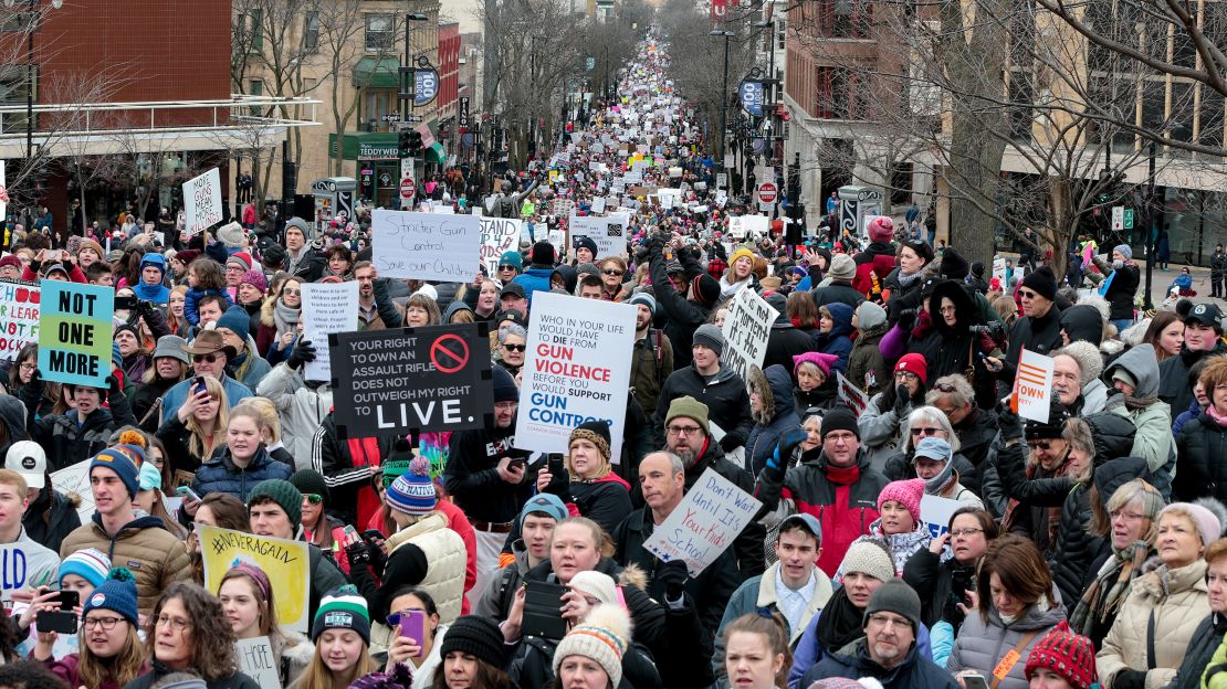 March for Our Lives protesters march to the Capitol on Saturday in Madison, Wisconsin.