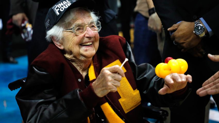 ATLANTA, GA - MARCH 24:  Sister Jean Dolores Schmidt celebrates with the Loyola Ramblers after defeating the Kansas State Wildcats during the 2018 NCAA Men's Basketball Tournament South Regional at Philips Arena on March 24, 2018 in Atlanta, Georgia. Loyola defeated Kansas State 78-62.  (Photo by Kevin C. Cox/Getty Images)