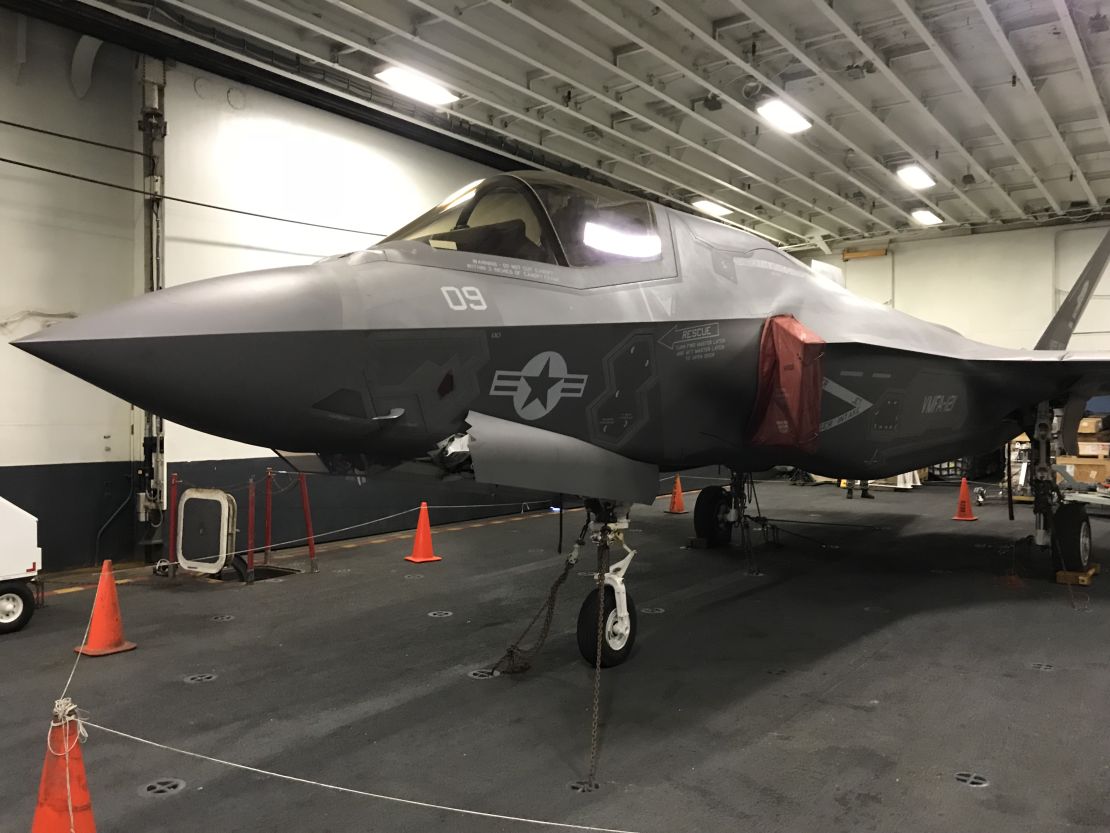 An F-35B inside the hangar on board the USS Wasp. 