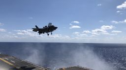 An F-35B doing vertical landing on the USS Wasp.