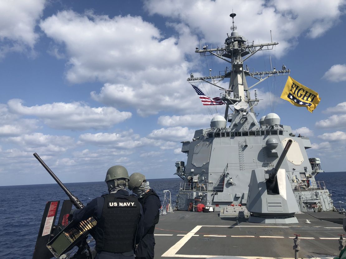 Firing drills on board the USS Dewey, a guided-missile destroyer which is designed to protect other ships and coordinate with the rest of the strike group in case of a potential missile threat.