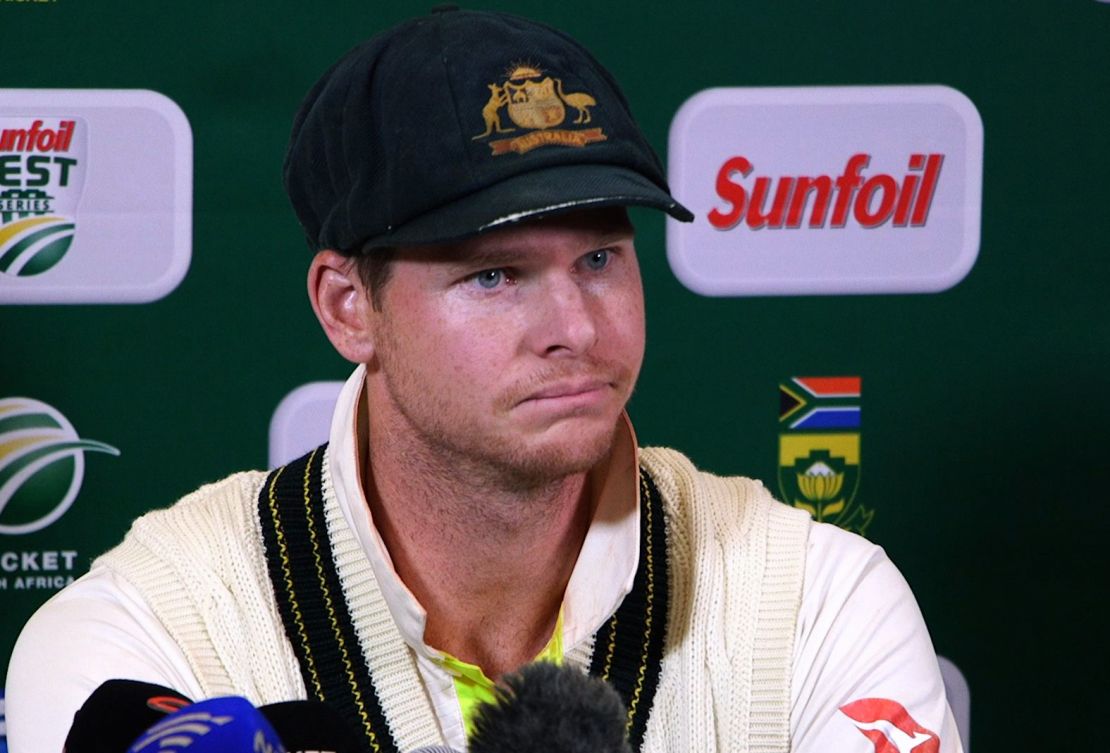 Australia captain Steve Smith faces the media in South Africa.
