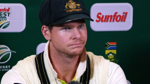 Australia captain Steve Smith faces the media in South Africa.