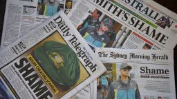 TOPSHOT - Photo shows Australian cricket captain Steve Smith on the front pages of the major newspapers in Sydney on March 26, 2018.

 
Australia's cricketers have heaped disgrace and humiliation on the country, the local press said in blasting the "rotten" team culture under the current leadership following captain Steve Smith admitting he cheated by hatching a plot to tamper with the ball during the third Test against South Africa in Cape Town on March 24, 2018. / AFP PHOTO / Peter PARKS        (Photo credit should read PETER PARKS/AFP/Getty Images)