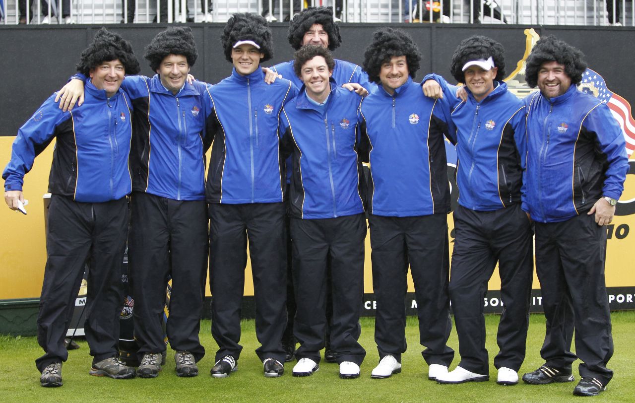 <strong>Hair raising:</strong> European Ryder Cup players and caddies wore wigs resembling Rory McIlroy's shock of curly dark hair ahead of a practice session for the 2010 event at Celtic Manor.