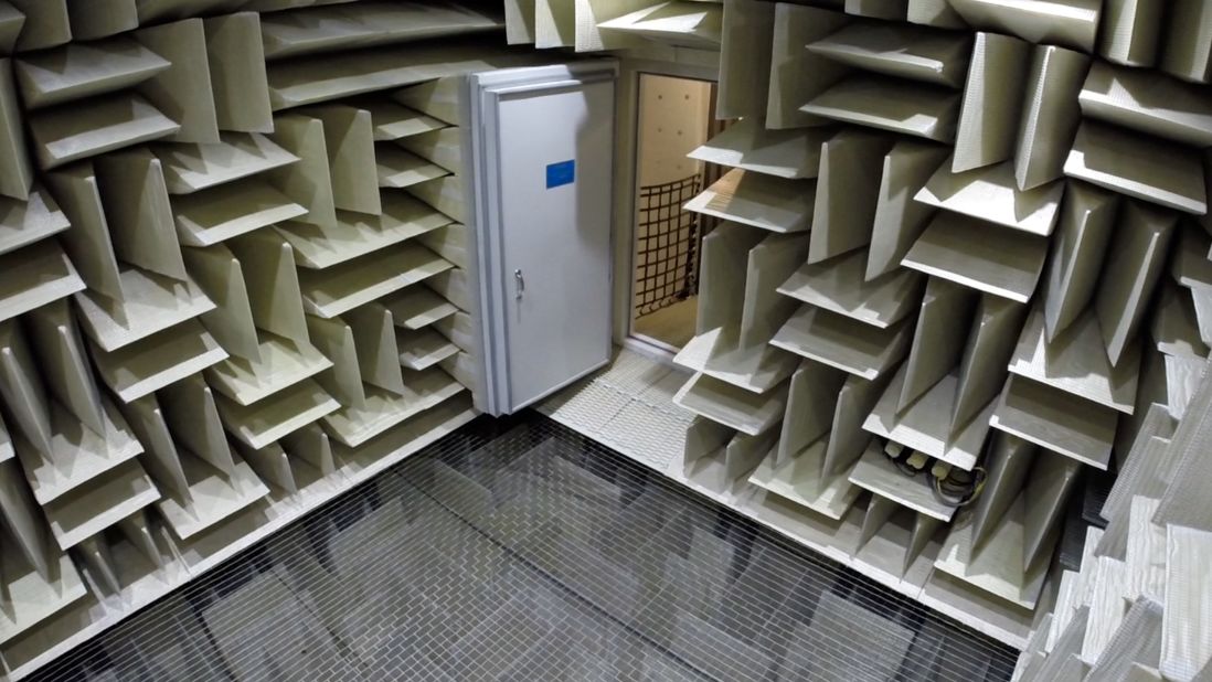 Chambers like these are called "anechoic" because they produce no echo: sound is absorbed immediately by the walls and doesn't bounce back into the room.