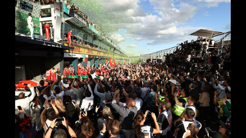 Sebastian Vettel sprays champagne after <a href="index.php?page=&url=https%3A%2F%2Fwww.cnn.com%2F2018%2F03%2F25%2Fmotorsport%2Fformula-one-australia-vettel-hamilton-haas%2Findex.html" target="_blank">winning the Australian Grand Prix</a> on Sunday, March 25. It was the first race of the new Formula One season.