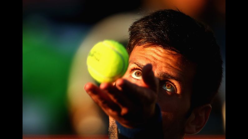 Novak Djokovic serves during a doubles match at the Miami Open on Thursday, March 22. 